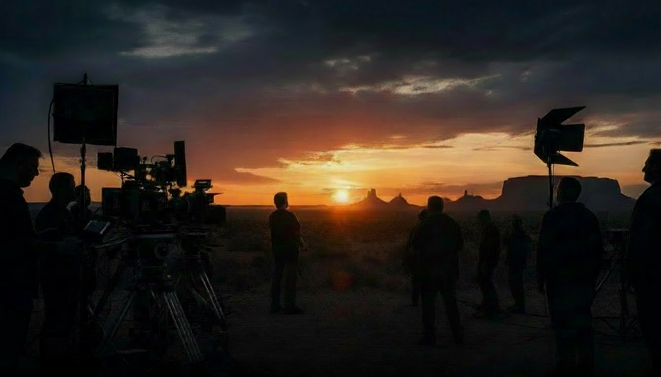 Texas film crew silhouetted at sunset
